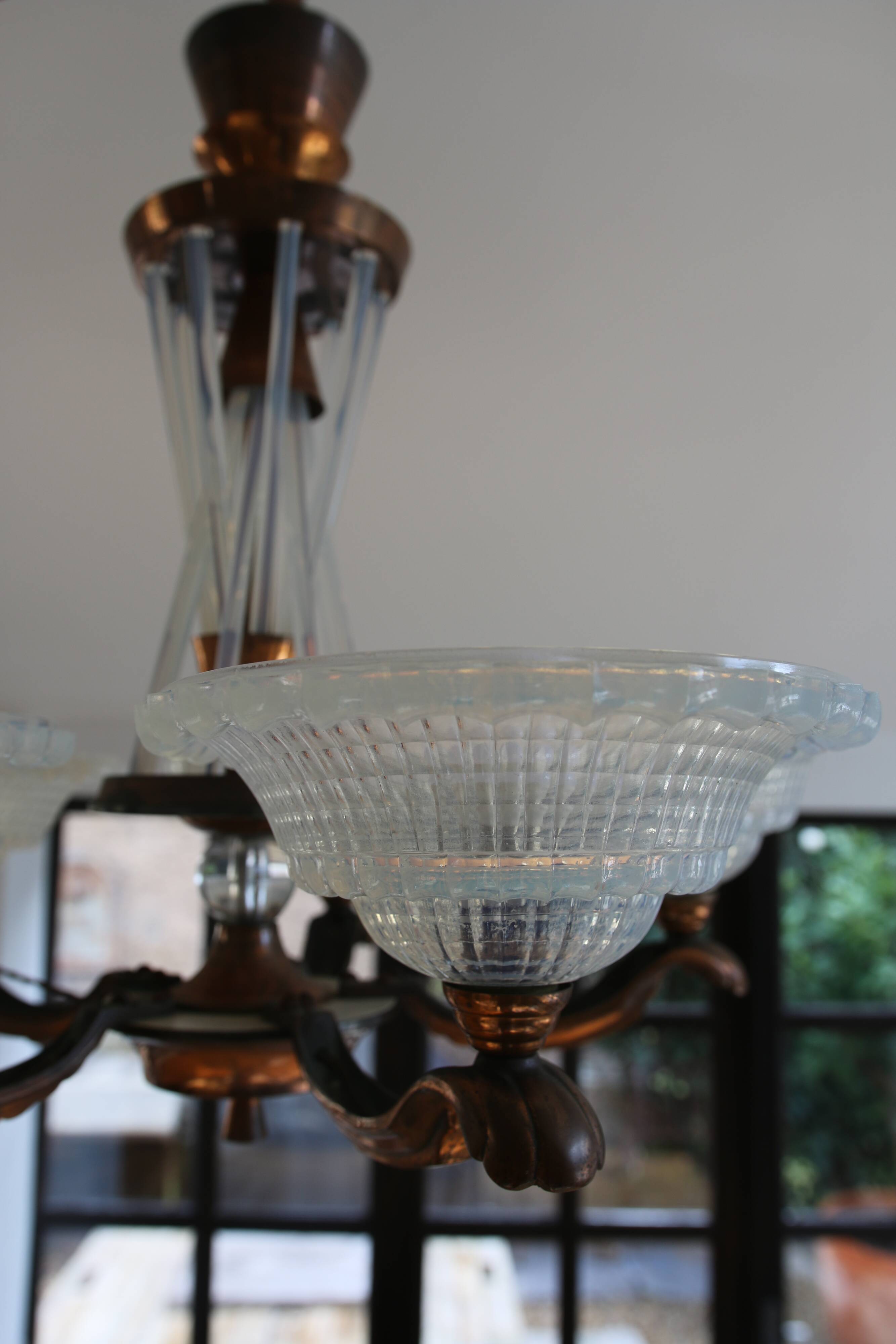 Art Deco lustre, opalescent glass, Ezan & Petitot, signed.