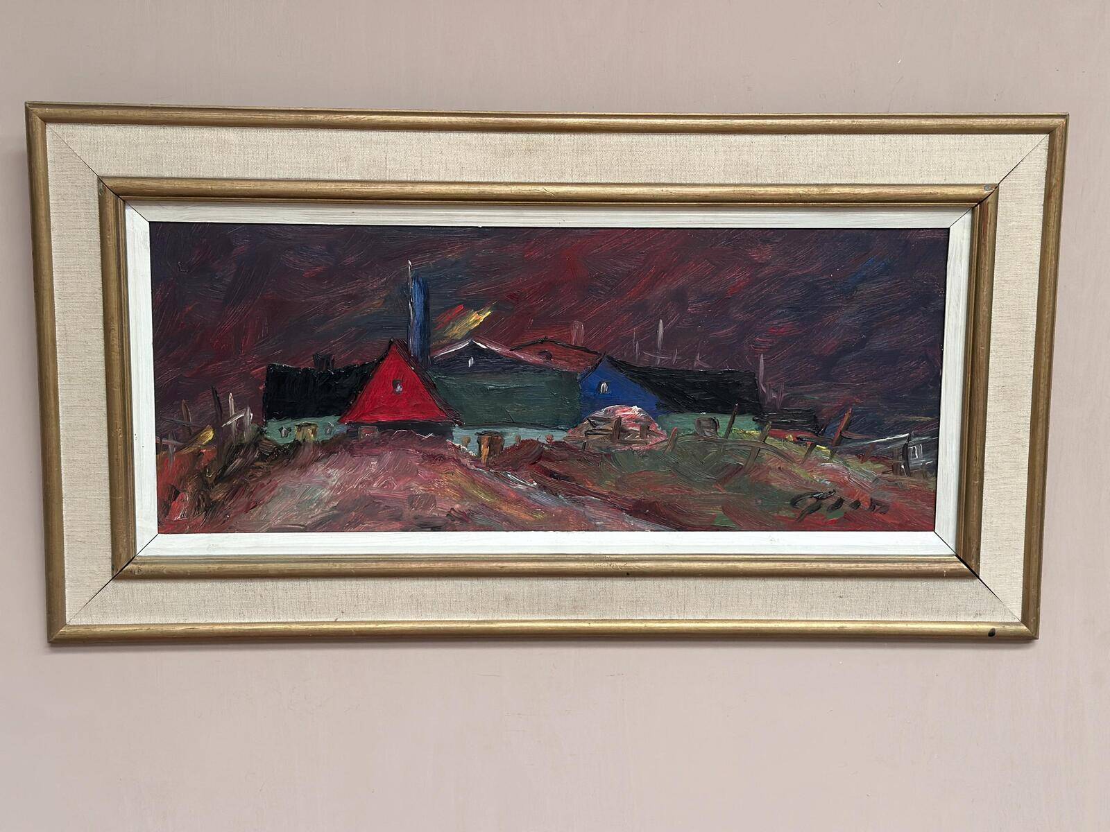 Original Swedish Oil on Panel – “Huts” – Vintage & Framed – 77 × 41 cm