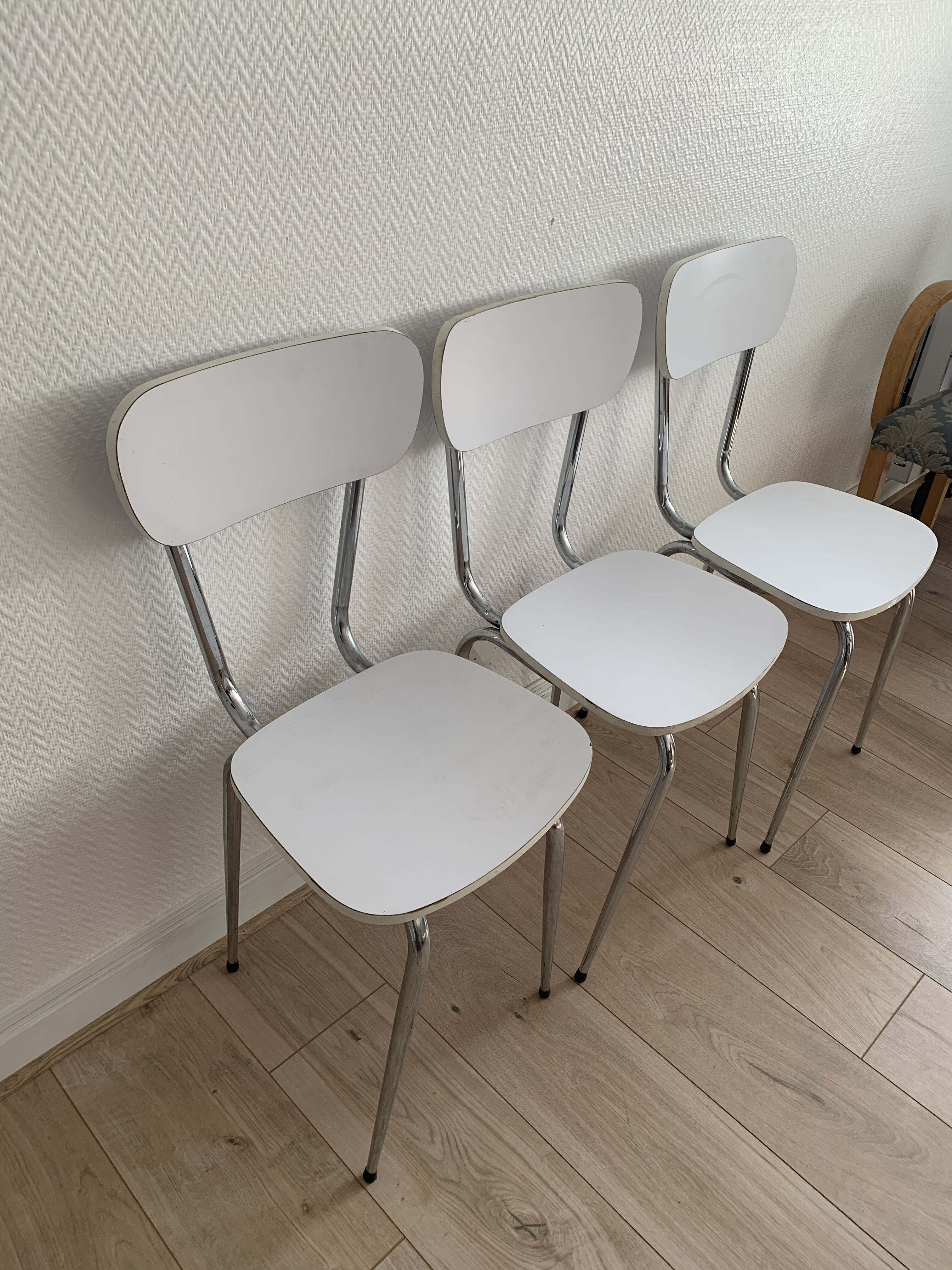 Lot of 3 vintage white kitchen chairs