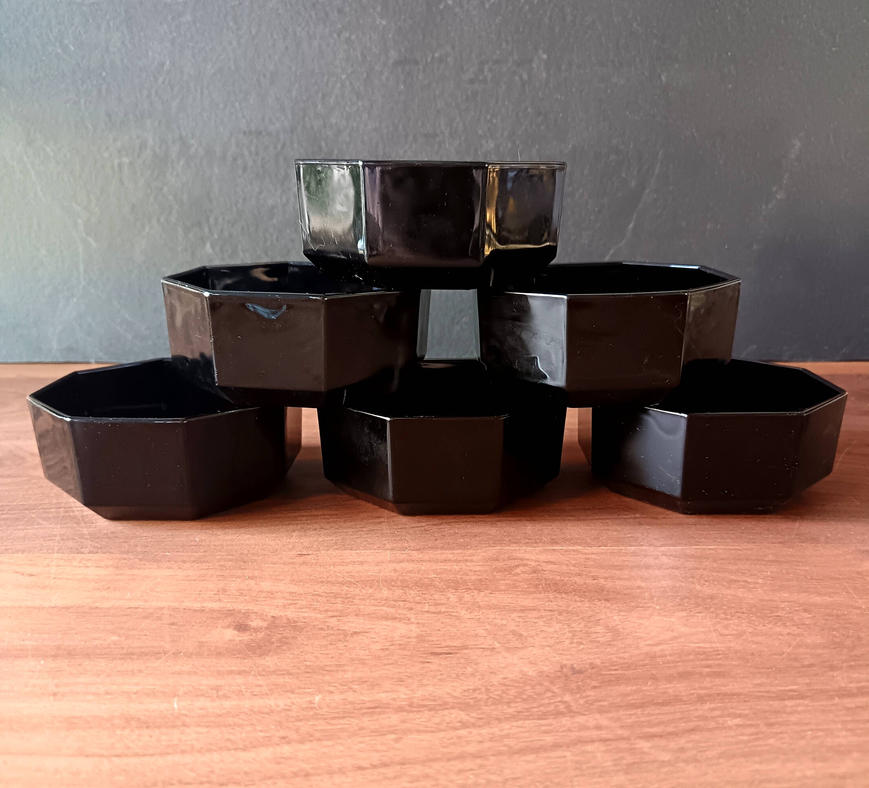 6 black tempered glass ramequins arcoroc octime series, 1980 vintage