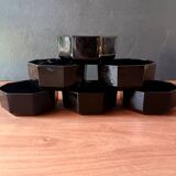 6 black tempered glass ramequins arcoroc octime series, 1980 vintage