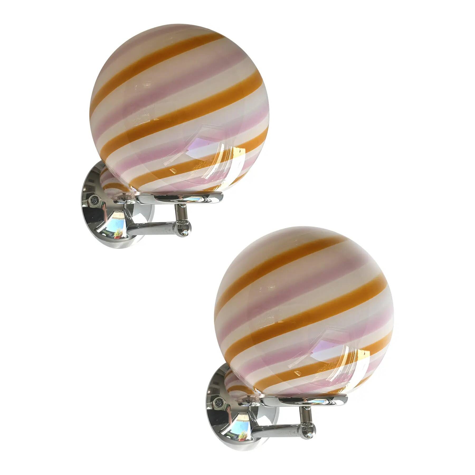 Set of Two Contemporary Amber and Pink "Rods" Murano Glass Wall Sconces