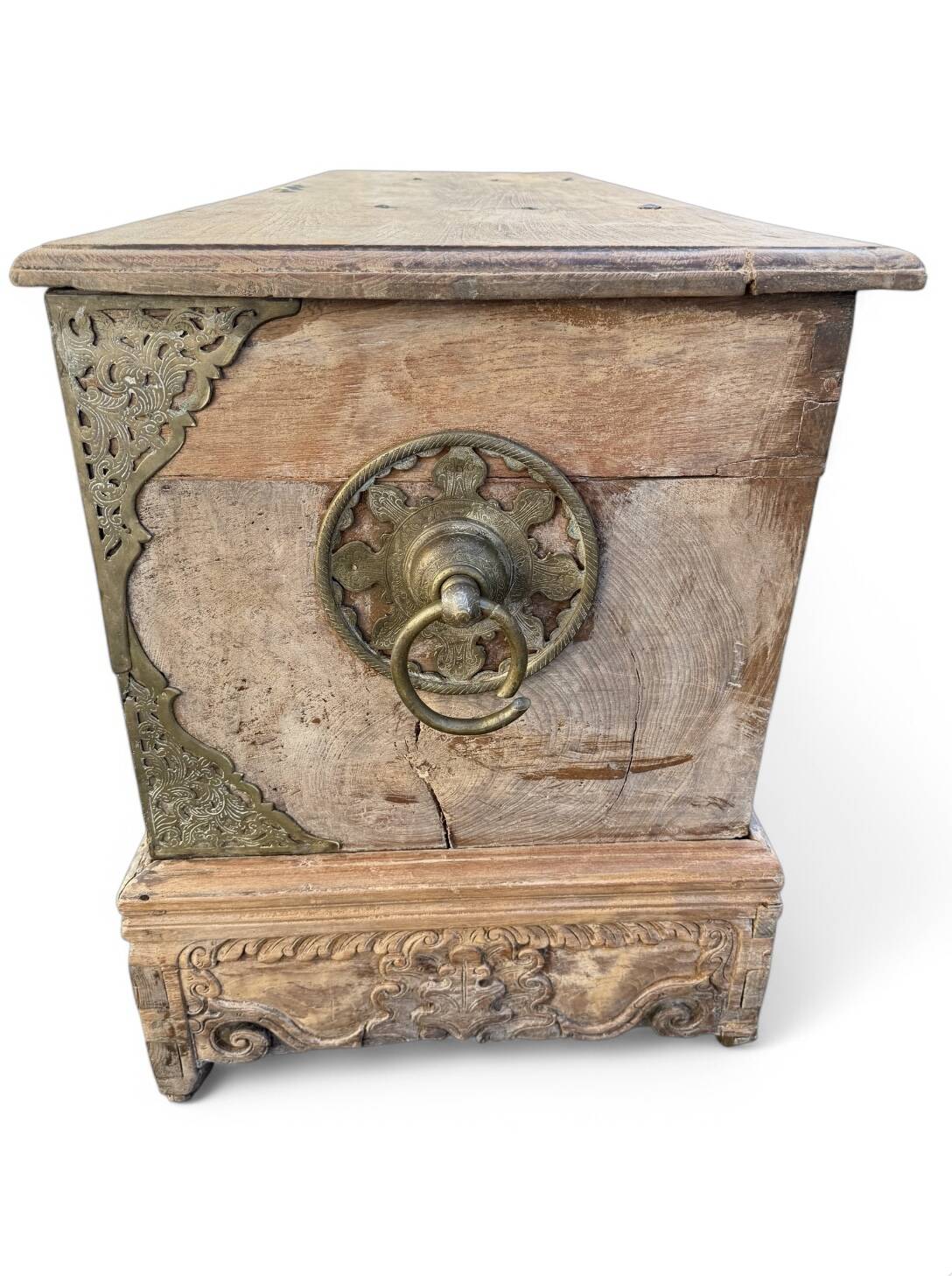 Large antique Asian travel chest made of mango wood.