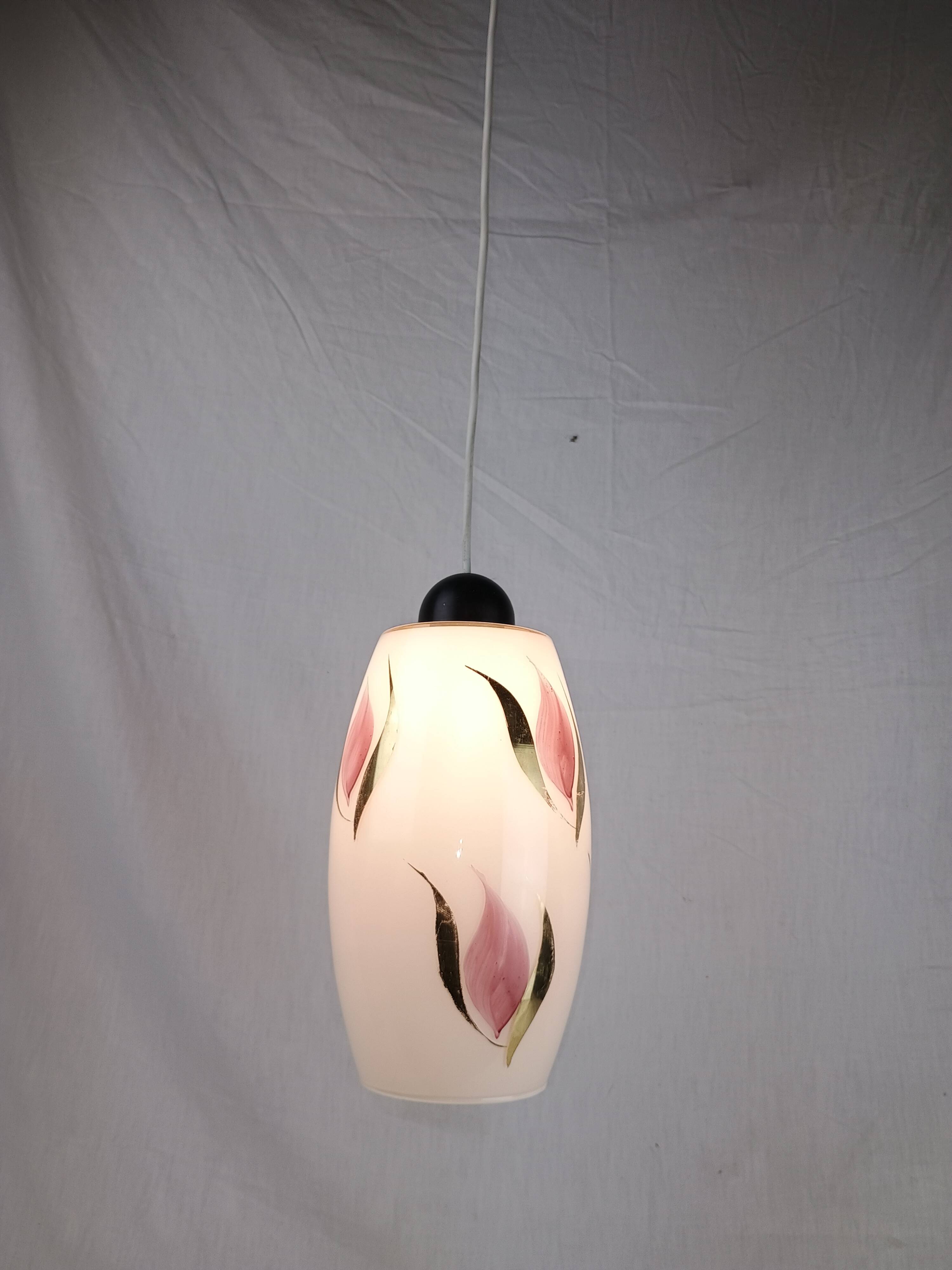 Vintage 1950s Pendant Light, Cream White Glass, Pink and Gold Flower Pattern, ARLUS