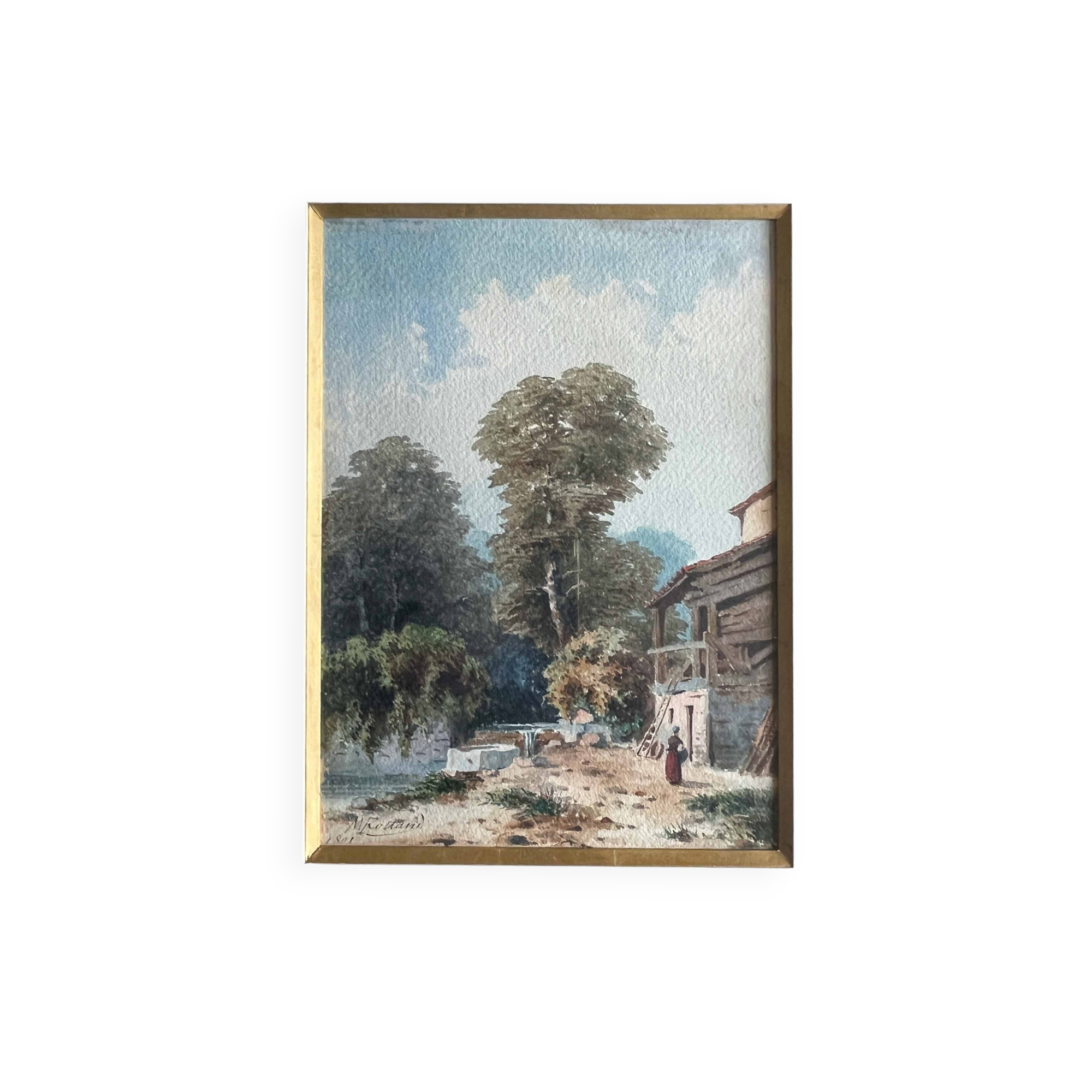 Watercolour painting by M. Romany (?) 1891, tree-lined and lively farmyard.