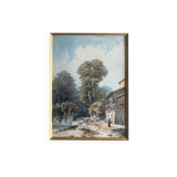 Watercolour painting by M. Romany (?) 1891, tree-lined and lively farmyard.