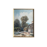 Tableau Aquarelle M. Romany (?) 1891 cour de ferme arborée et animée