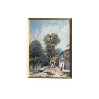 Watercolour painting by M. Romany (?) 1891, tree-lined and lively farmyard.