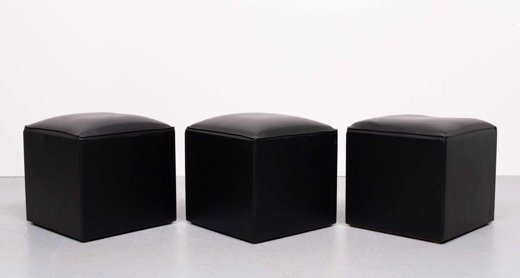set of 3 Black Faux Leather cube Ottomans 1960s Holland