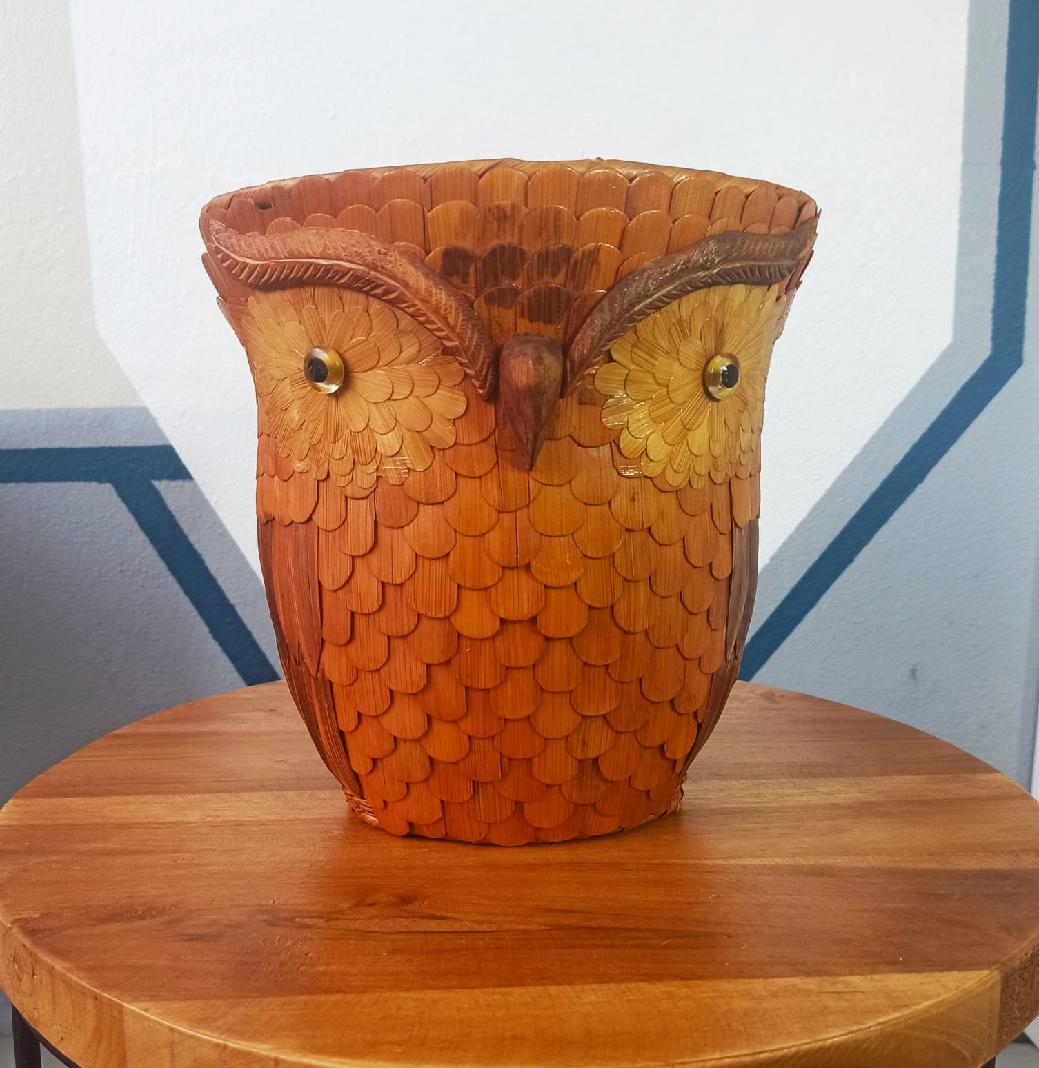Vintage wall basket, wicker owl and bamboo