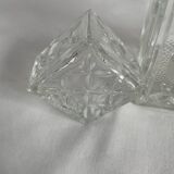 Molded glass carafe, 1960s-1970s, stylized flower decoration, oval, square base, stopper, rosette