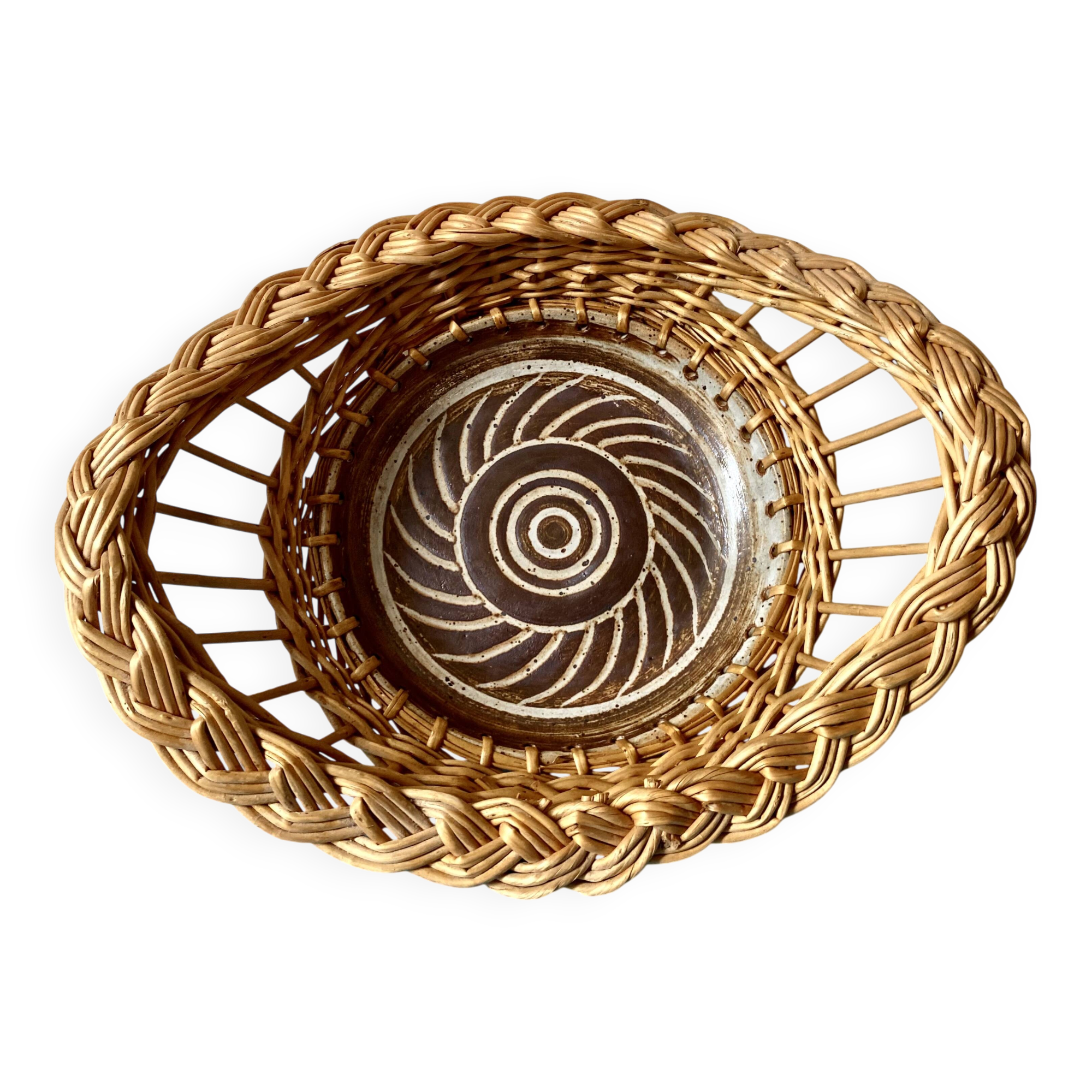 Wicker and ceramic piece signed, 1990s.