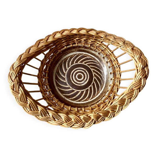 Plat osier et céramique signé, années 90