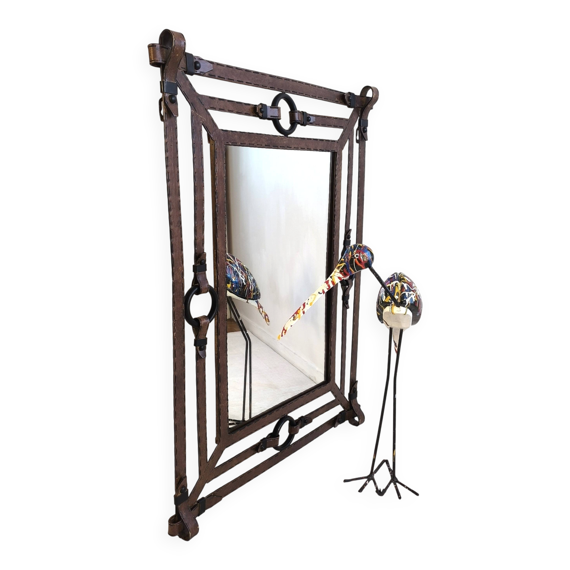 Mirror Jean-Pierre Ryckaert Leather effect, France 1960s