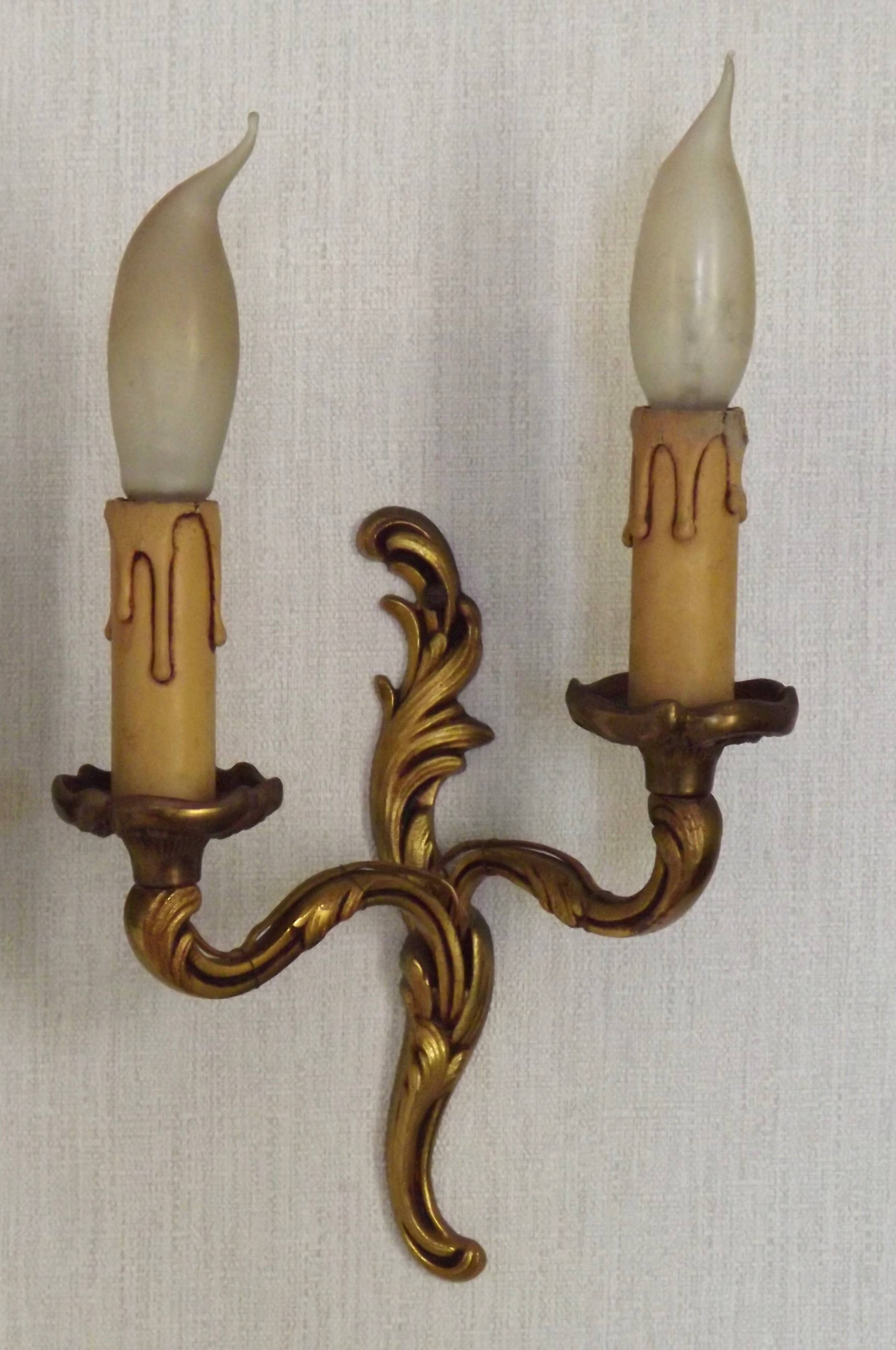 Vintage French Bronze Double Wall Sconces with Acanthus Leaf Detail 5706