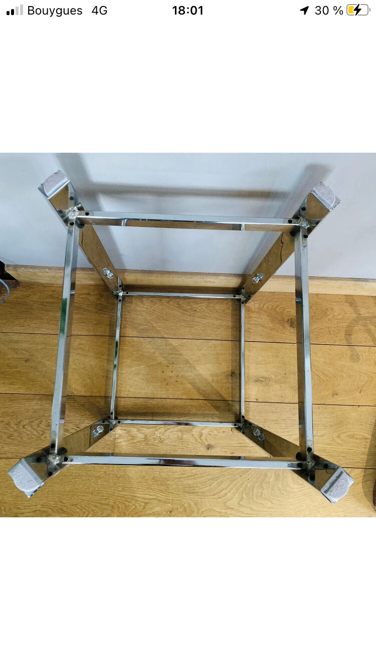1970s sofa end harness in chromed metal, 3 removable shelves smoked mirrors (available)