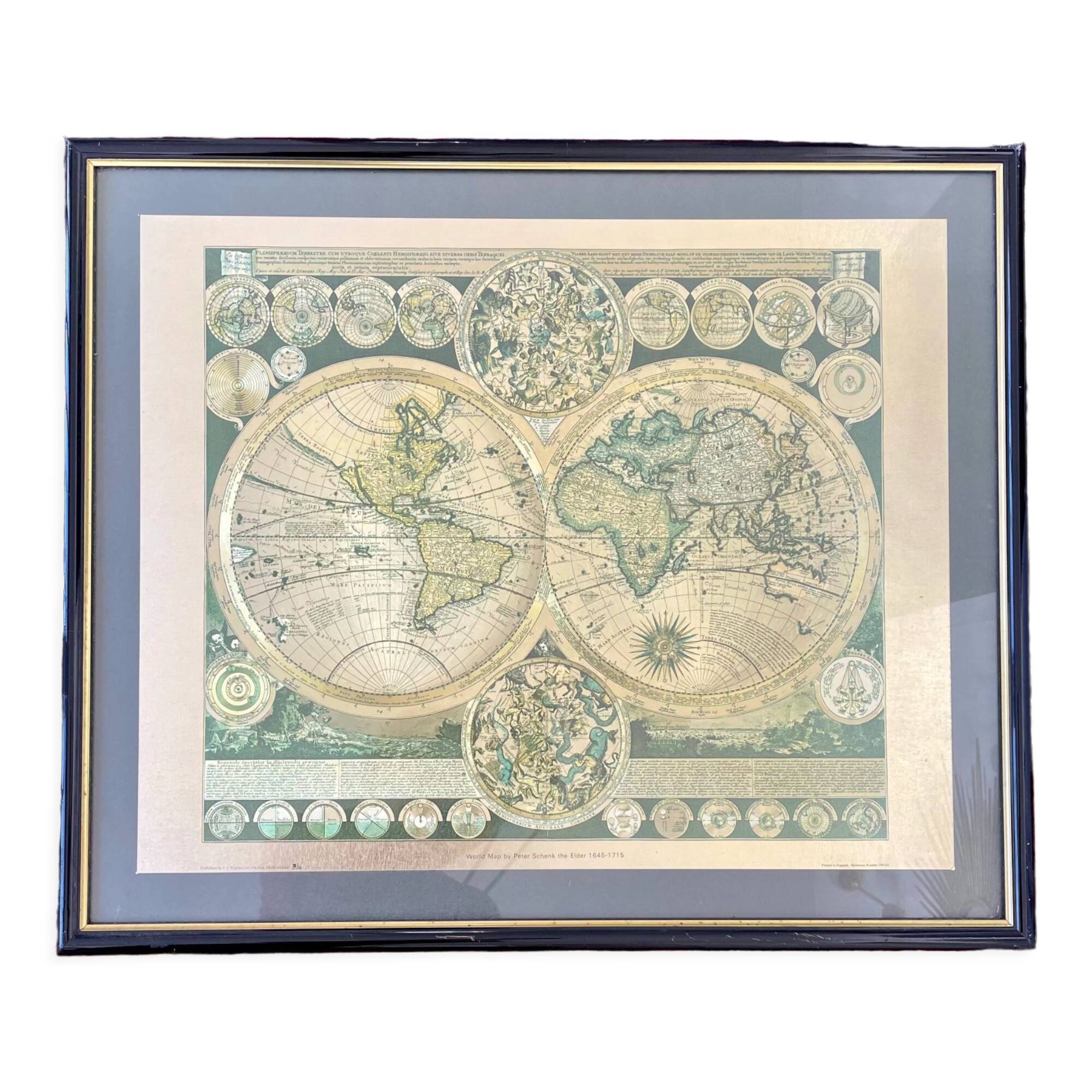Vintage world map frame "World Map by Peter Schenk The Elder 1645-1715"