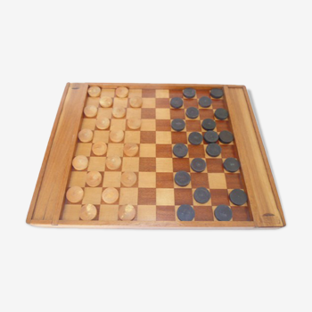 Jeu de dames en bois et marqueterie avec rangement