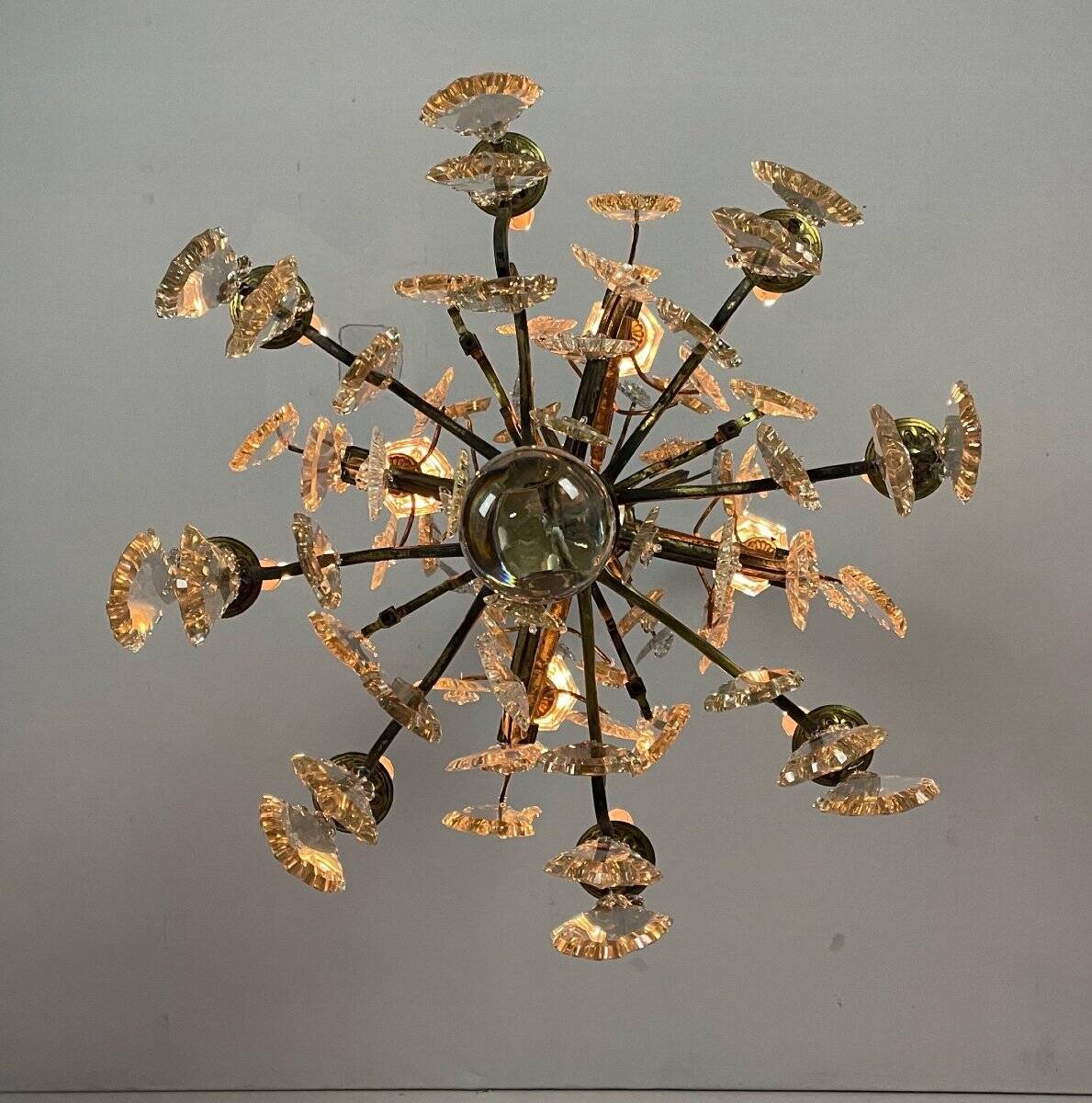 Bronze cage chandelier adorned with cut crystal pendants, 12 lights