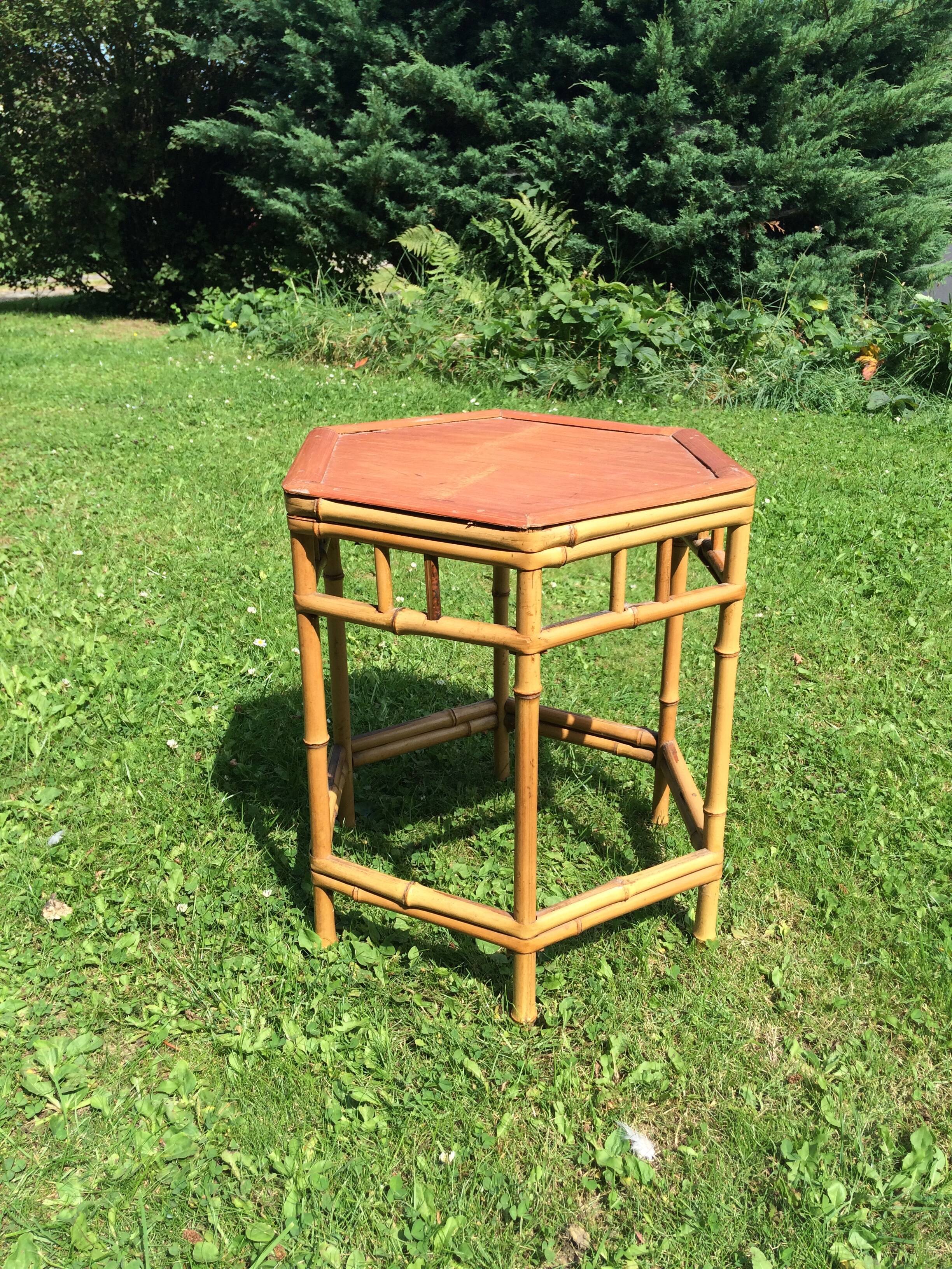 Rattan bamboo table vintage hexagonal table