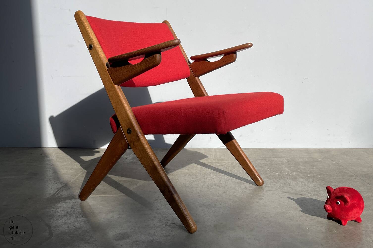 Classic Danish vintage scissor armchair by Arne Hovmand Olsen in OAK, 1960s