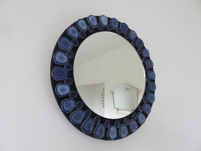 Blue ceramic round mirror 60 70s