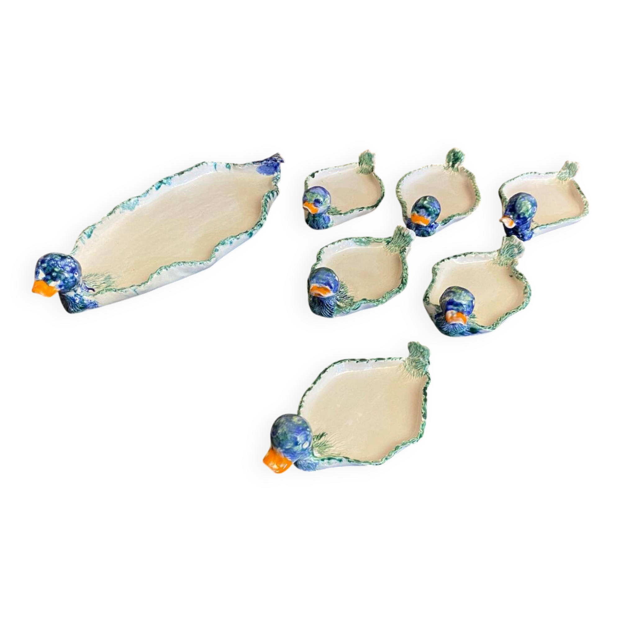Plate + 6 Duck-Shaped Foie Gras Service Plates, Polychrome Ceramic