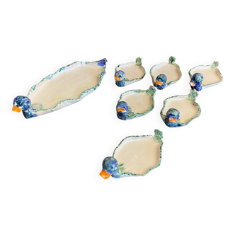Plat + 6 Assiettes Service Foie Gras Forme Canard Céramique Polychrome