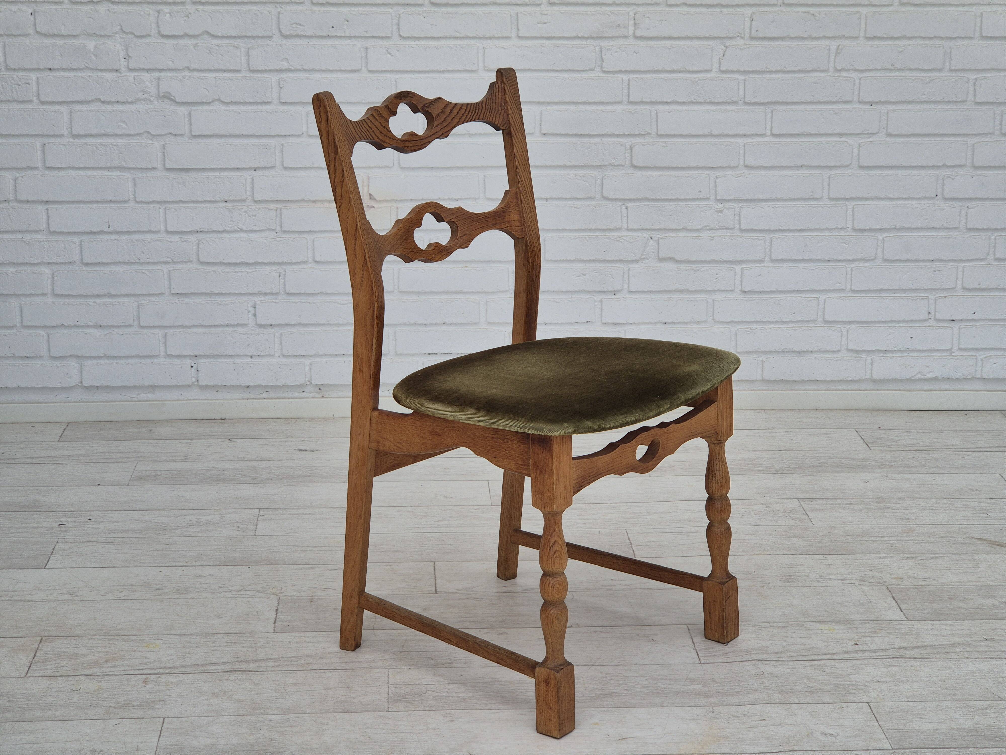 1970s, set of 4 Danish dining chairs, original condition, oak wood, furniture velour.