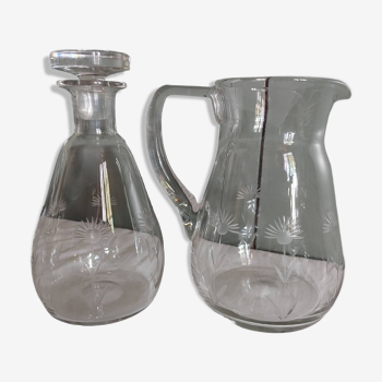 Set Pitcher & carafe in cut crystal with floral decoration - 40s/50s