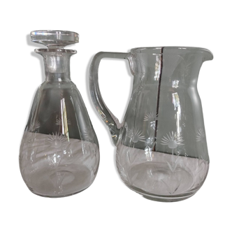 Set Pitcher & carafe in cut crystal with floral decoration - 40s/50s