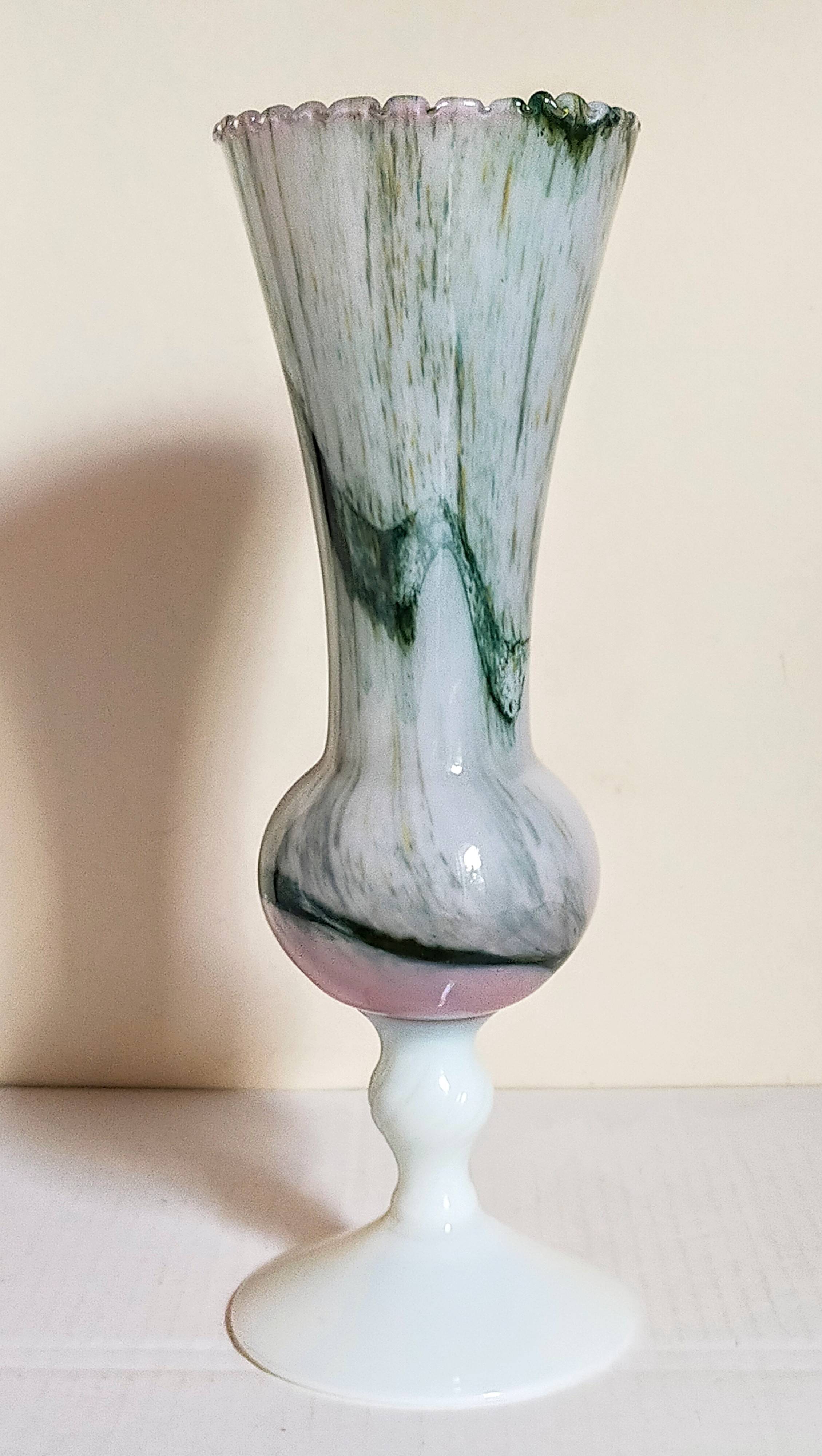 Vase on foot in opaline and vintage blown glass 30 cm