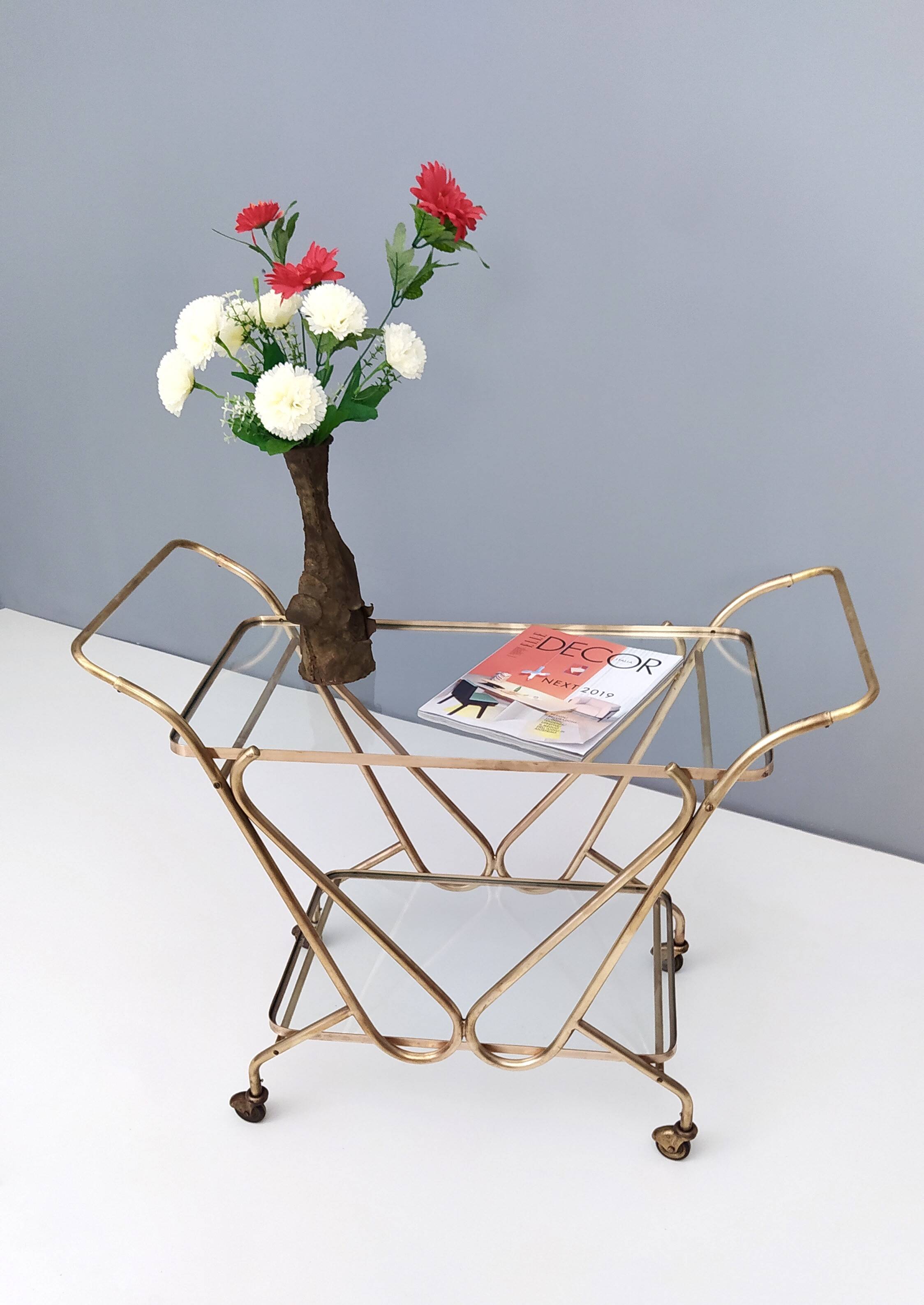 Vintage Brass Serving Cart with Glass Shelves, Italy