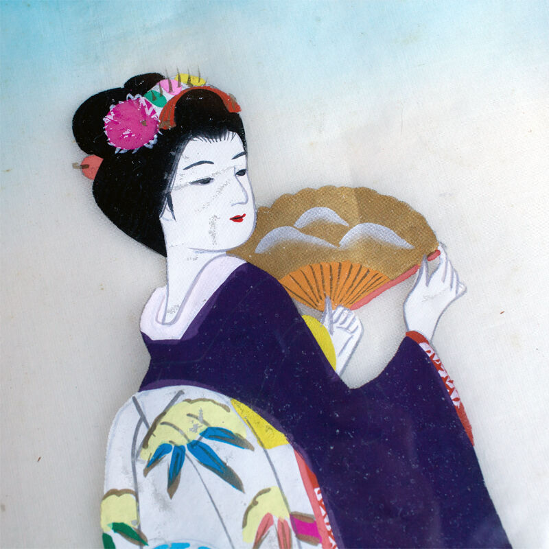 Peinture sur soie (Geisha japonaise) asiatique, Jeune femme en kimono & éventail, vintage rare
