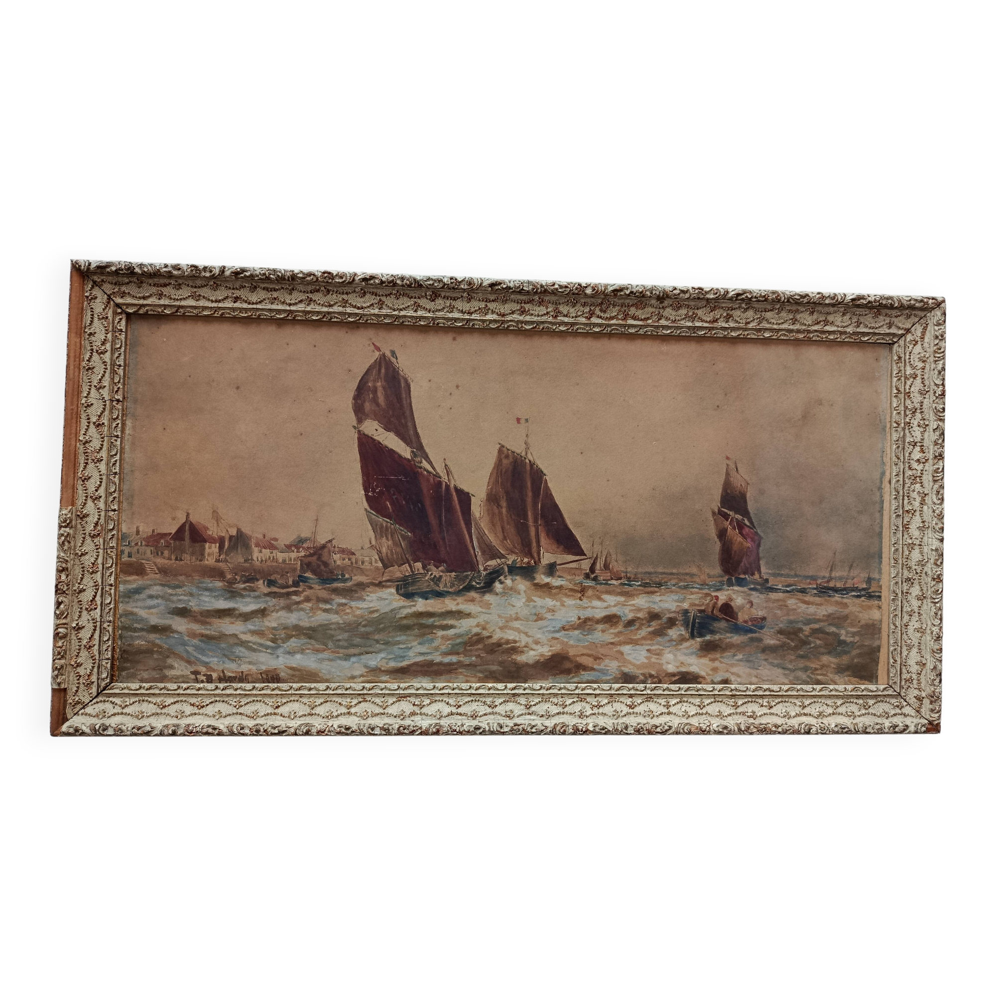 Marine watercolor 1890 by thomas bush hardy, sailing boats near the coast