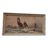 Marine watercolor 1890 by thomas bush hardy, sailing boats near the coast