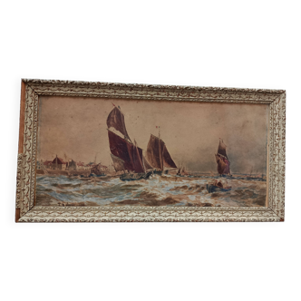Aquarelle marine 1890 de Thomas Bush Hardy, bateaux à voile près de la côte