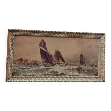 Aquarelle marine 1890 de Thomas Bush Hardy, bateaux à voile près de la côte