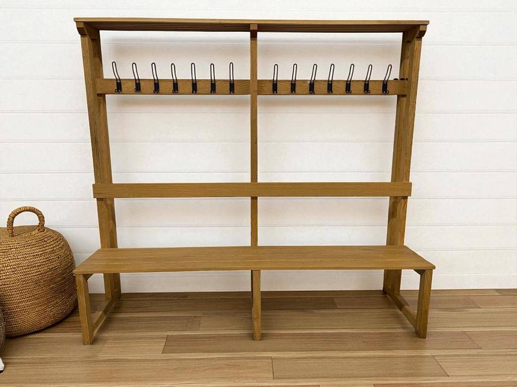 Vintage XL wooden coat rack with bench