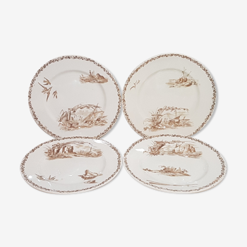 Set of 4 flat plates in Creil and Montereau earthenware model Marine, iron earth - Antique Fre