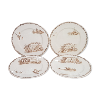 Set of 4 flat plates in Creil and Montereau earthenware model Marine, iron earth - Antique Fre