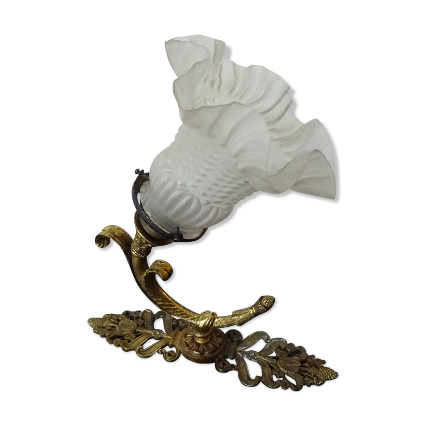 Old wall lamp, bronze frame and glass tulip