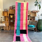 Moroccan Berber rug corridor in pink and blue wool.
