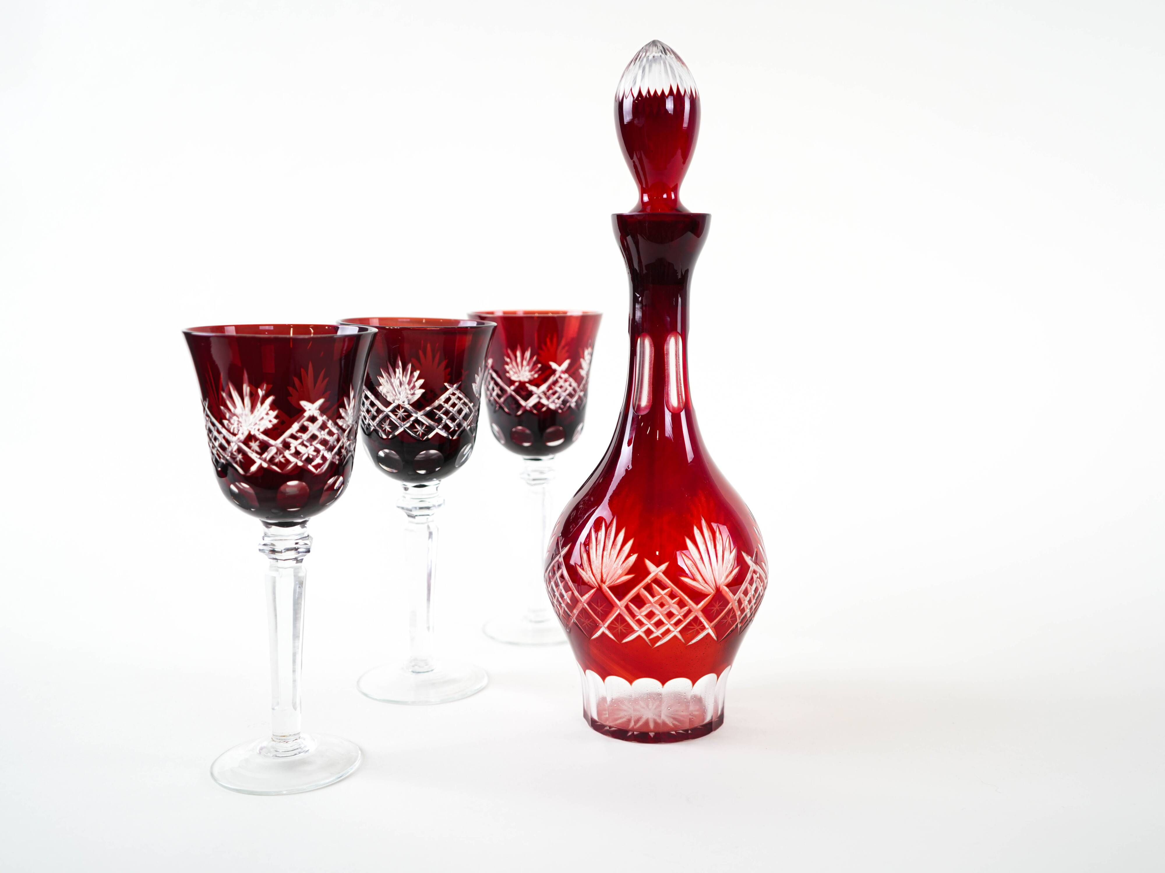 Crystal carafe with glasses in burgundy, European Art Deco style barware set
