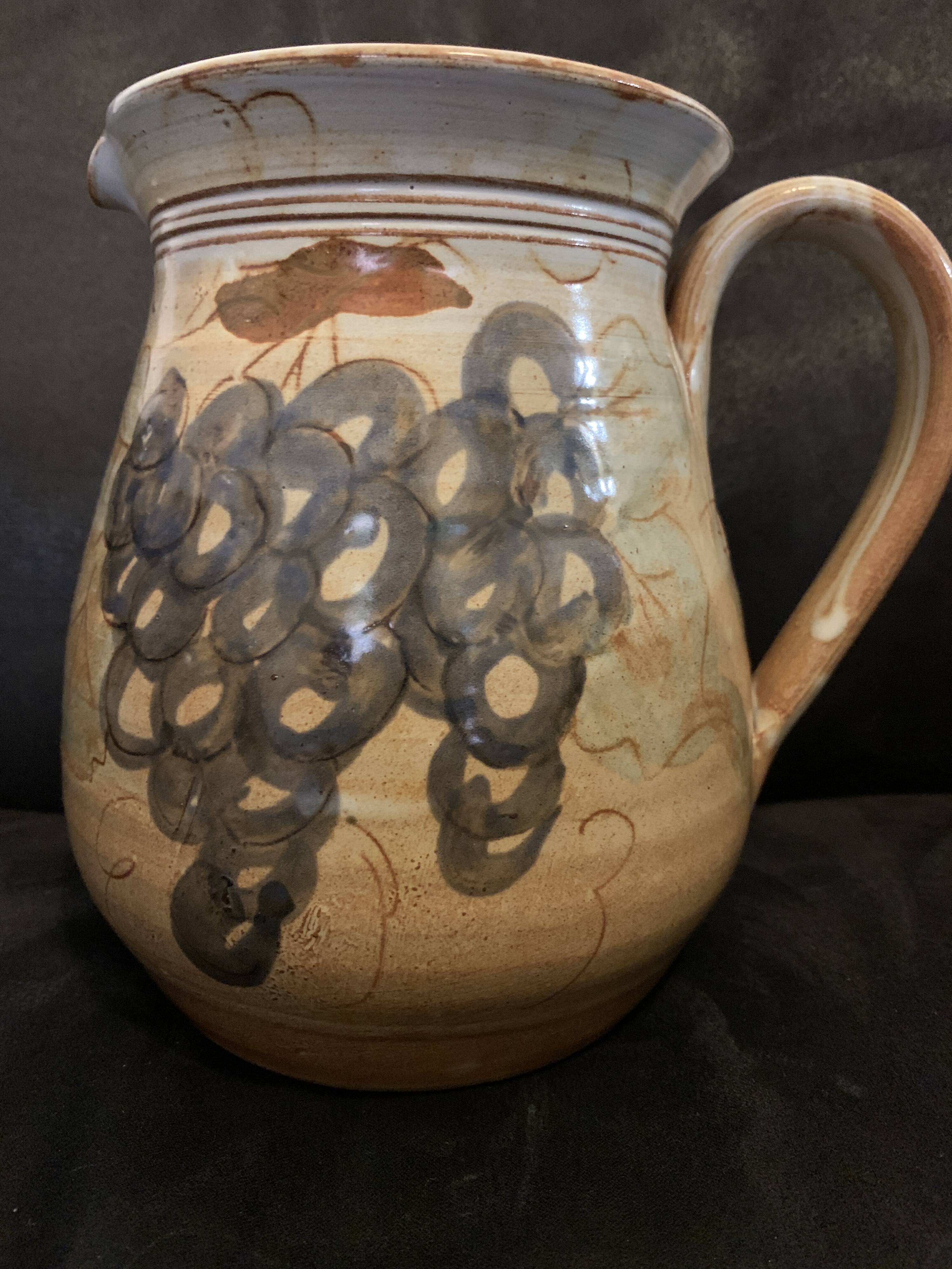Large Vallauris pitcher 1960 18.5cm with terracotta ice tube grape decoration old vintage pottery
