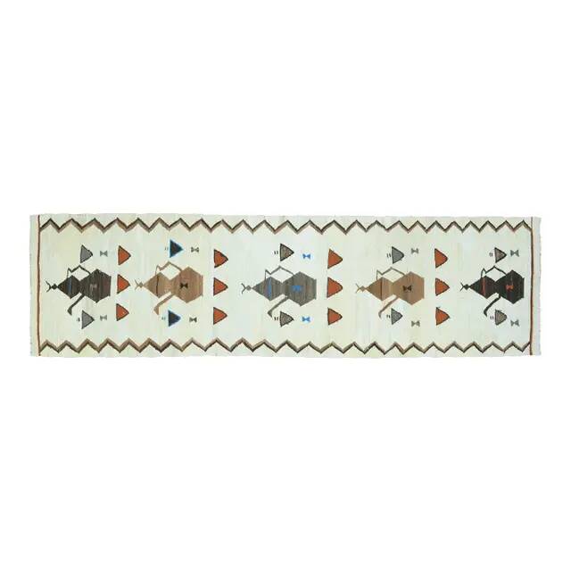 1970s Vintage Turkish Oushak Handmade Wool Cotton White Runner Rug 91x328