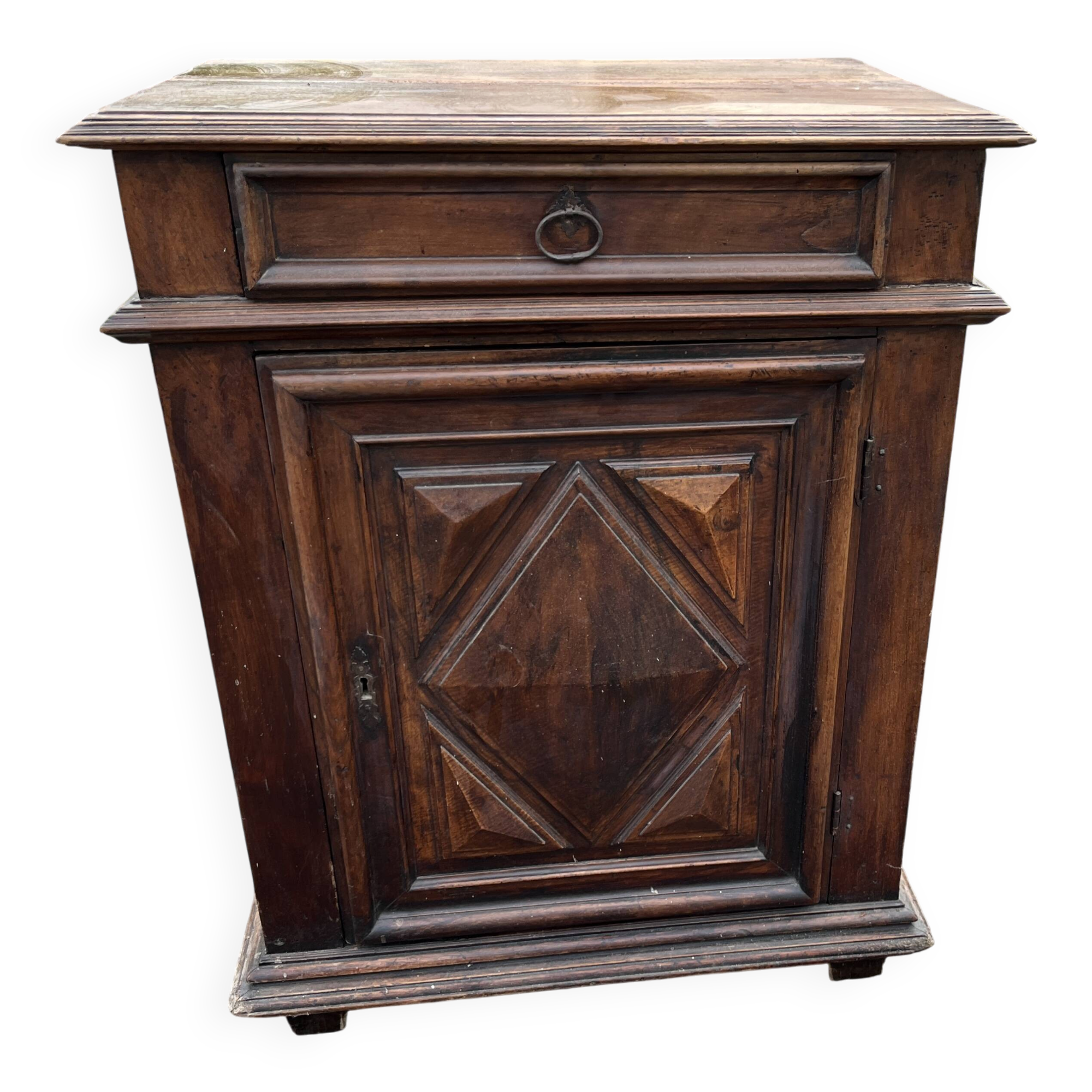 Antique walnut confiturier in Louis XIII style with diamond point panel.