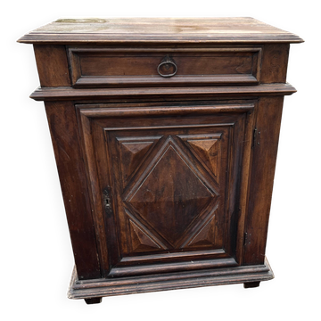 Antique walnut confiturier in Louis XIII style with diamond point panel.