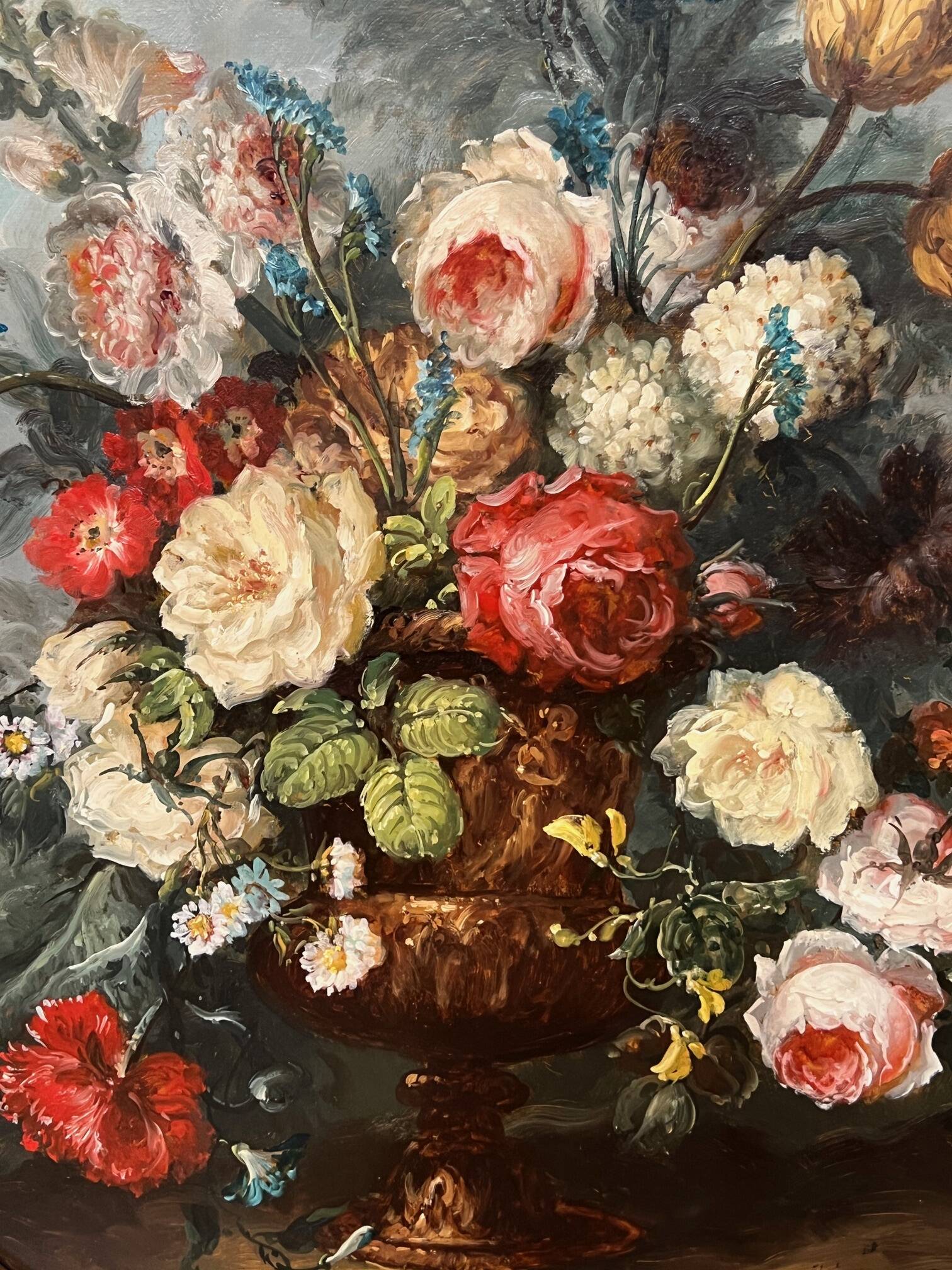 Georges Delcourt. Antique still life signed with flowers. Oil on canvas and panel.