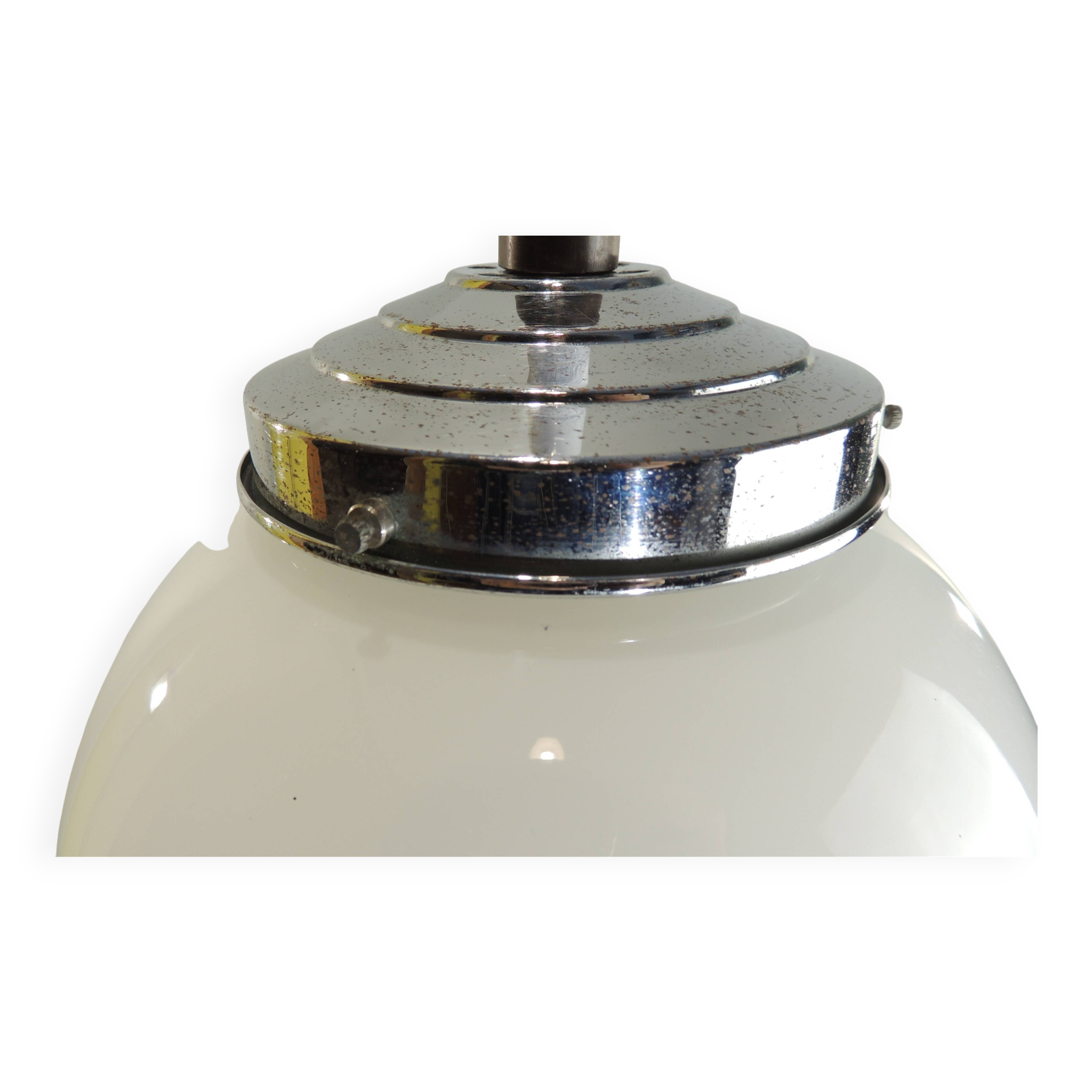 Vintage 70s pendant lamp in white opaline glass, 20 cm globe, chrome, light